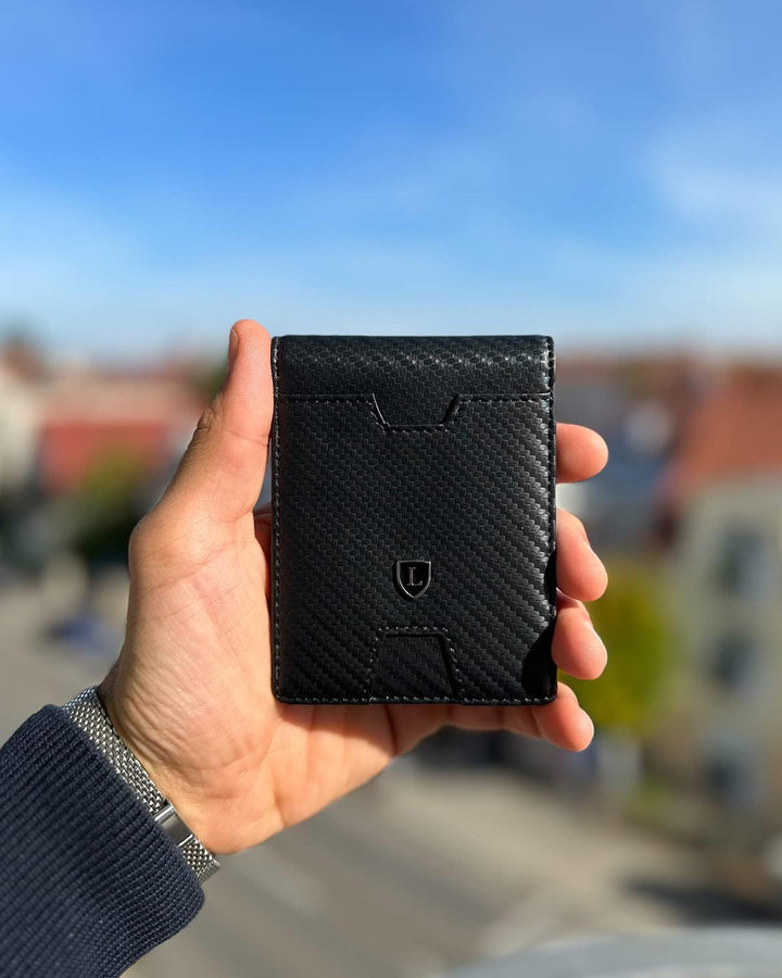 Lederhand® iSlim XL - Carbon Leder Geldbeutel mit Geldklammer und Münzfach, 13 Kartenfach + 1 Sichtf