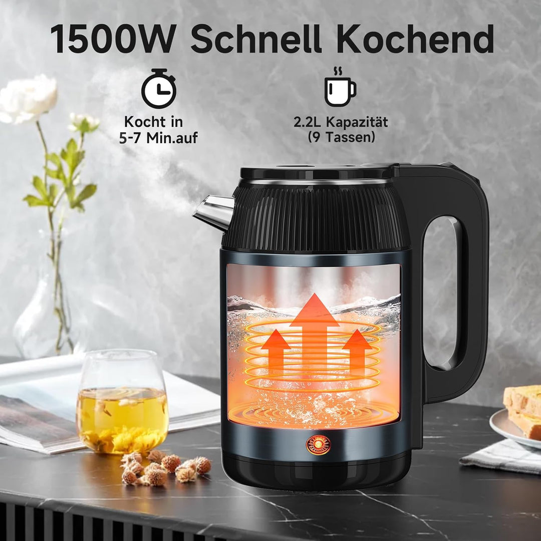 SCHEFFLER Wasserkocher Edelstahl 2.2 Liter Elektrischer Wasserkocher 1500W Teekocher mit 360°-Basis,
