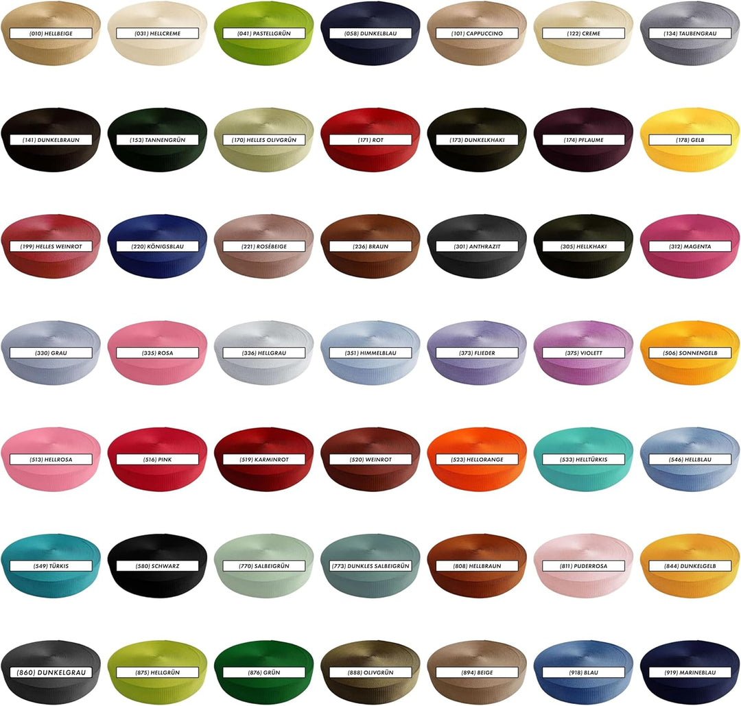 Gurtband 2m 5m 10m 50m, 50 Farben, Breite 10mm 15mm 20mm 25mm 30mm 40mm 50 mm Taschengurt Polypropyl