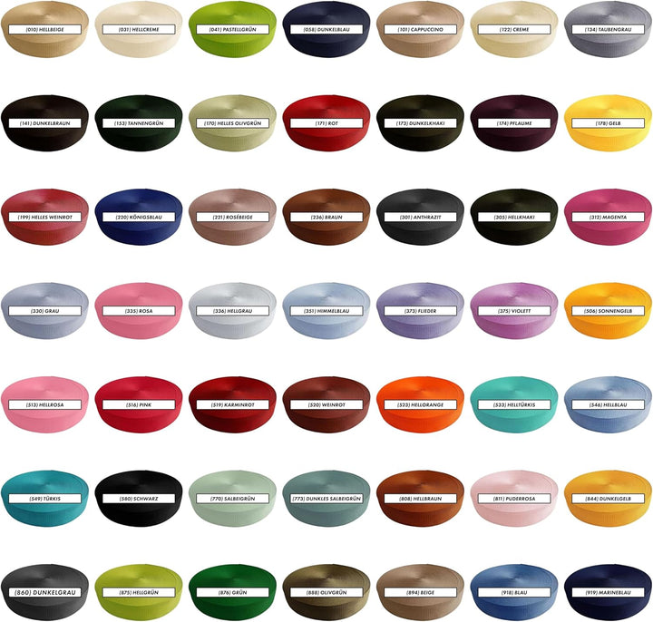 Gurtband 2m 5m 10m 50m, 50 Farben, Breite 10mm 15mm 20mm 25mm 30mm 40mm 50 mm Taschengurt Polypropyl
