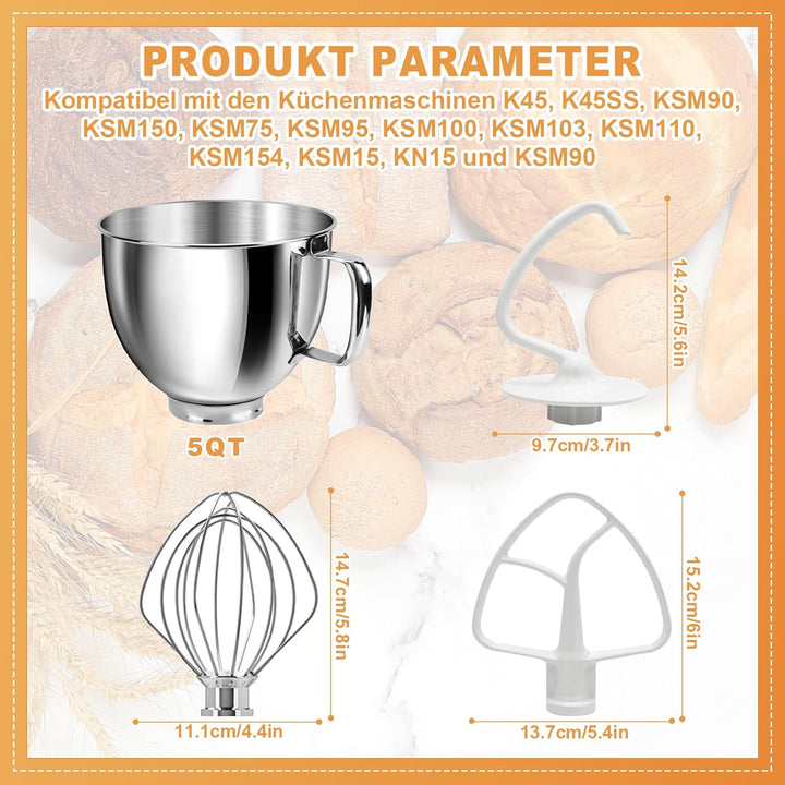 Küchenmaschinen Zubehör-Set 3 Stück Mixeraufsätze mit Schneebesen Knethaken und Flachrührer für Hobb