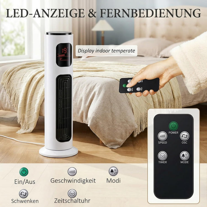 HOMCOM Turmventilator mit Fernbedienung, 96 cm Säulenventilator, 45 W Standventilator mit LED-Anzeig