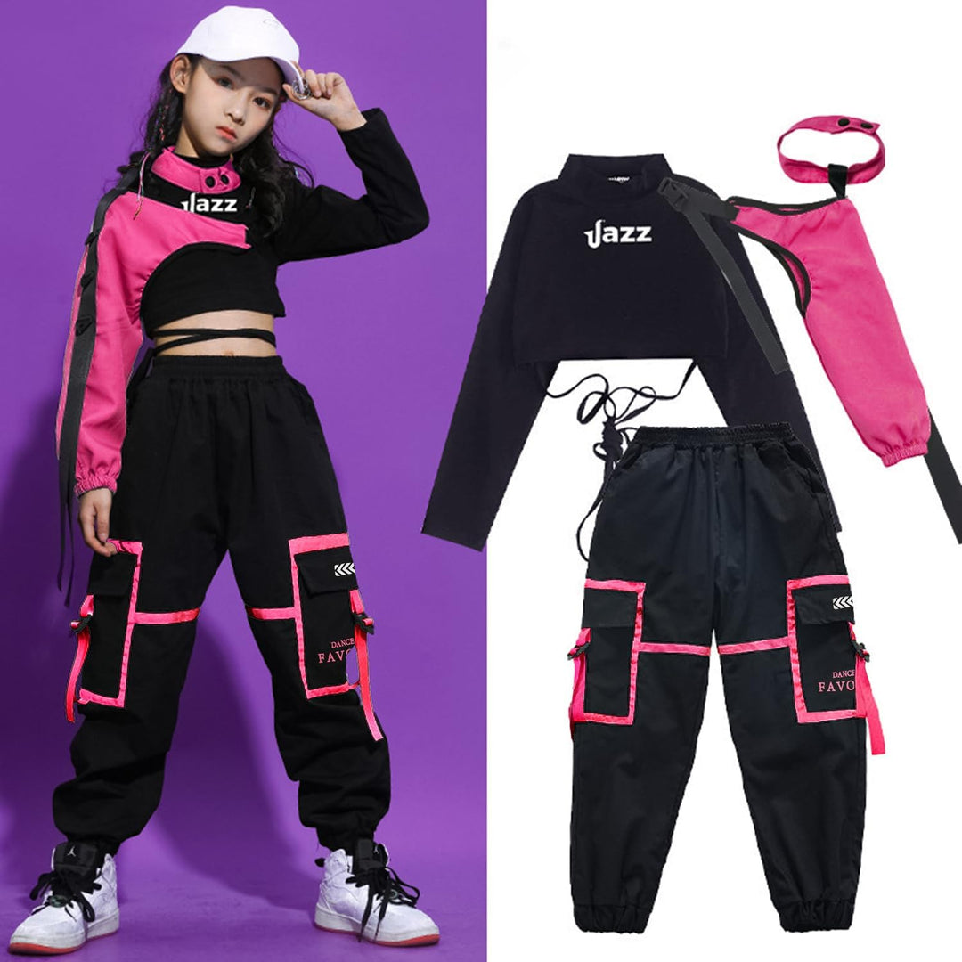 LOLANTA Hip Hop Kleidung Mädchen, Teenager Jazz Tanz Outfit,Bauchfreies Oberteil Cargohose Kleidungs