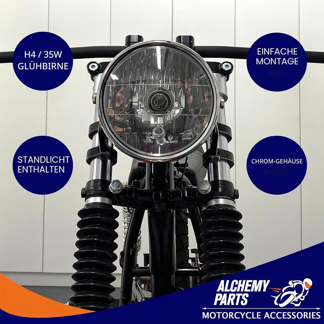 Alchemy Parts Chrom Motorrad Scheinwerfer 6.5 inch Durchmesser 12V 35W E-Geprüft