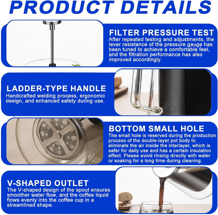 French Press 1 Liter Kaffeepresse, Kaffeebereiter Doppelwand Glas Kaffeepresse mit Edelstahl-Filter,