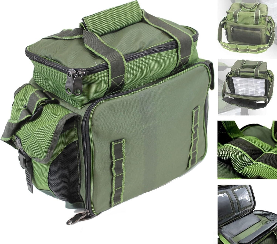 QMBasic Angelboxentasche inkl. 4 Tackle-Boxen | Angelkoffer für Zubehör Wasser-Abweisend gepolsterte