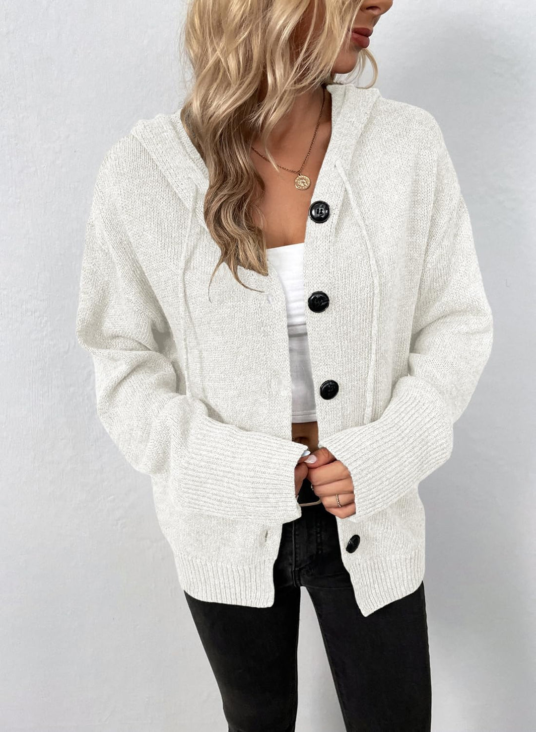 Vcindai Damen Langarm Grobstrickjacke Kurz Strickjacke Herbst Winter Strickmantel mit Kapuze M Weiss