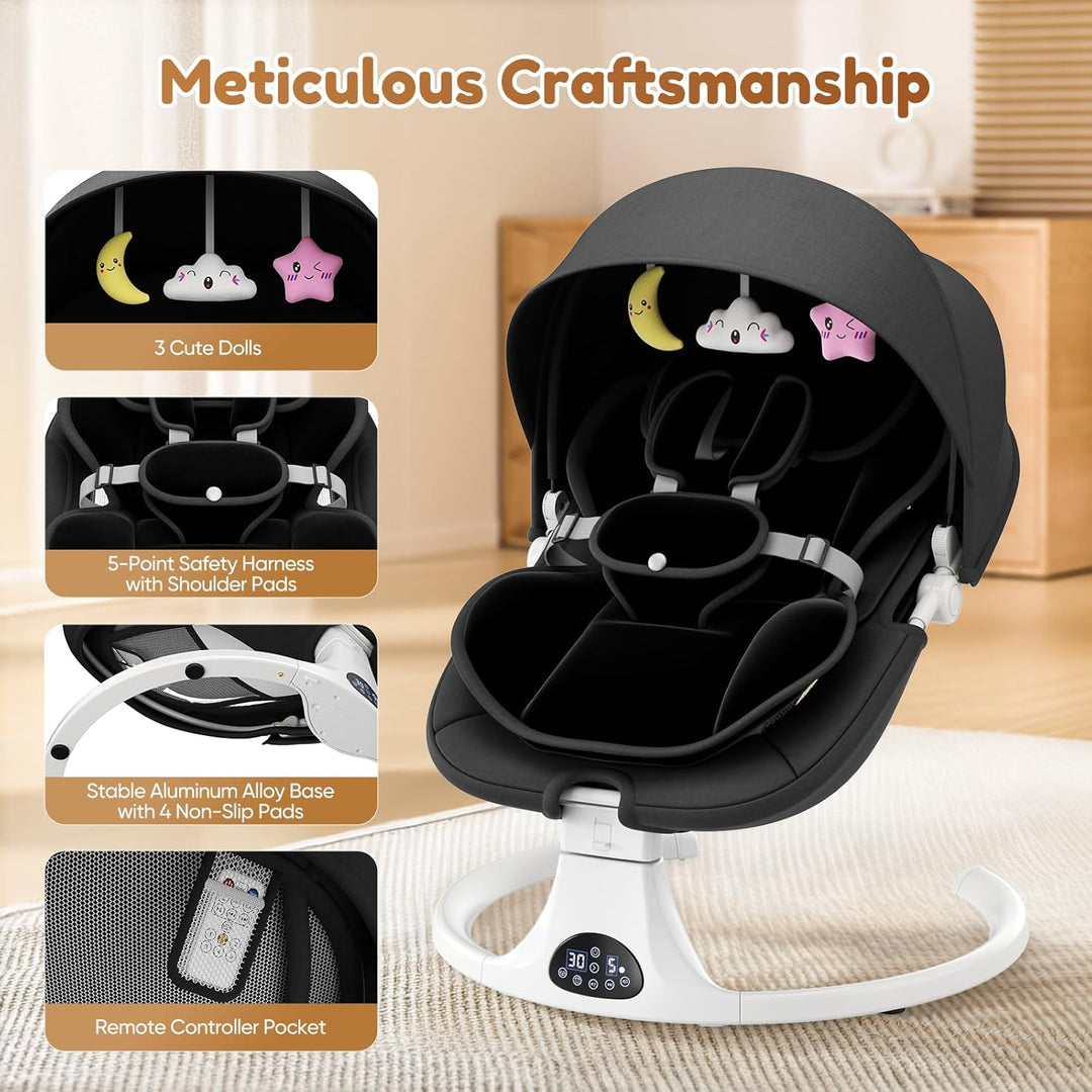Verstellbare Rückenlehne Babyschaukel, Bluetooth Elektrisch Babywippe Mit Abnehmbares Kissen und Abn