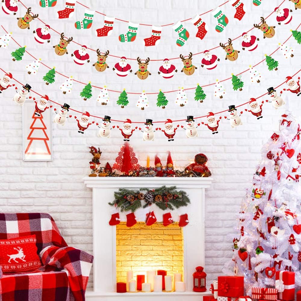 4 Stück Weihnachten Bunting Banner, Weihnachten Girlande Papier, Santa Banner Schneemann Weihnachtss