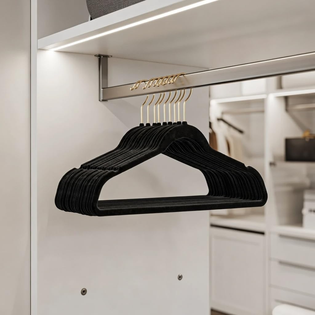 50 Stück hochwertige Samt Kleiderbügel in der Farbe Schwarz mit Gold Look Haken/Anti-Rutsch/von Stic