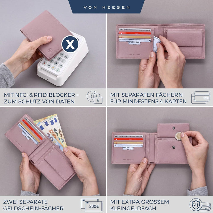 VON HEESEN Leder Geldbörse RFID Schutz I Echtleder Geldbeutel für Damen & Herren I Portemonnaie Brie