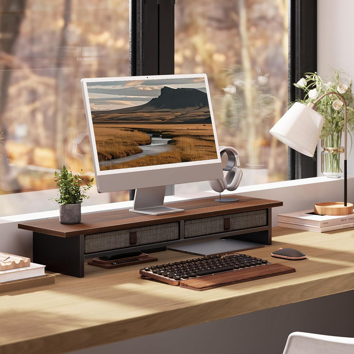 Fenge Dual Monitorständer Riser 2 Etagen Computer Monitor Ständer mit Schublade für PC Laptop Drucke