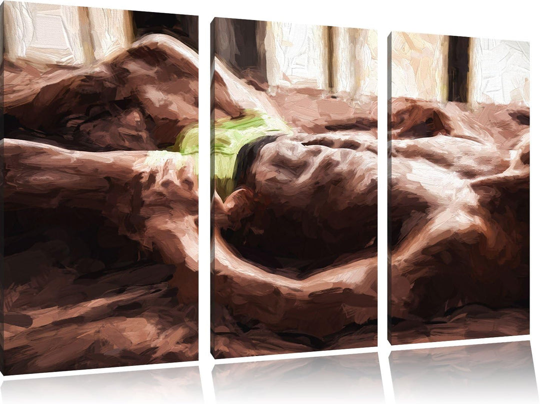 Pixxprint Muskulöser Mann im Bett Kunst Pinsel Effekt 3-Teiler Leinwandbild 120x80 Bild auf Leinwand