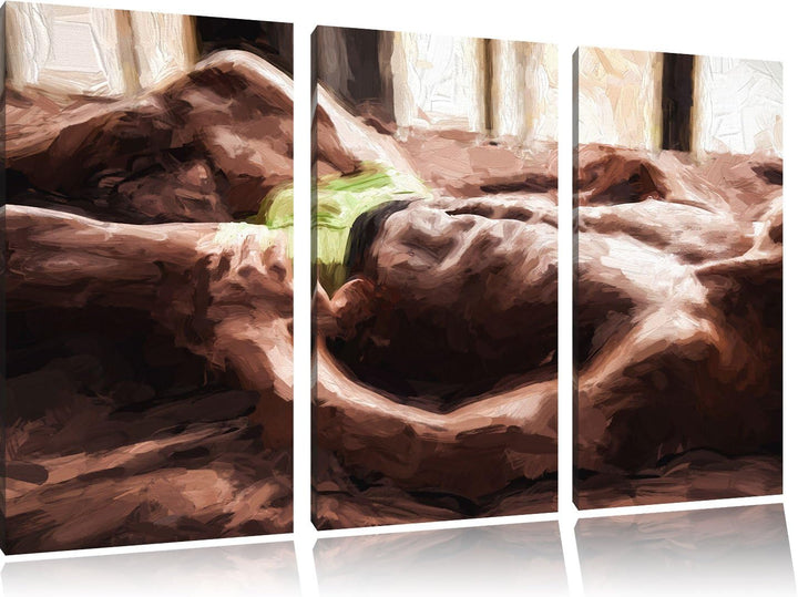 Pixxprint Muskulöser Mann im Bett Kunst Pinsel Effekt 3-Teiler Leinwandbild 120x80 Bild auf Leinwand