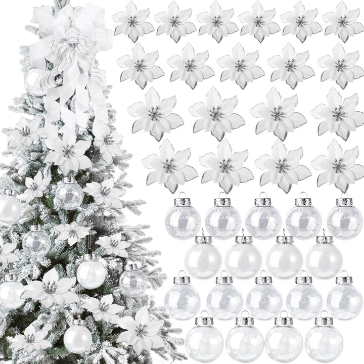 49 Stück Weihnachtsbaum Deko Set mit Weihnachtsbaumspitze 24 Stück Glitzer Weihnachten Blumen in 3 G