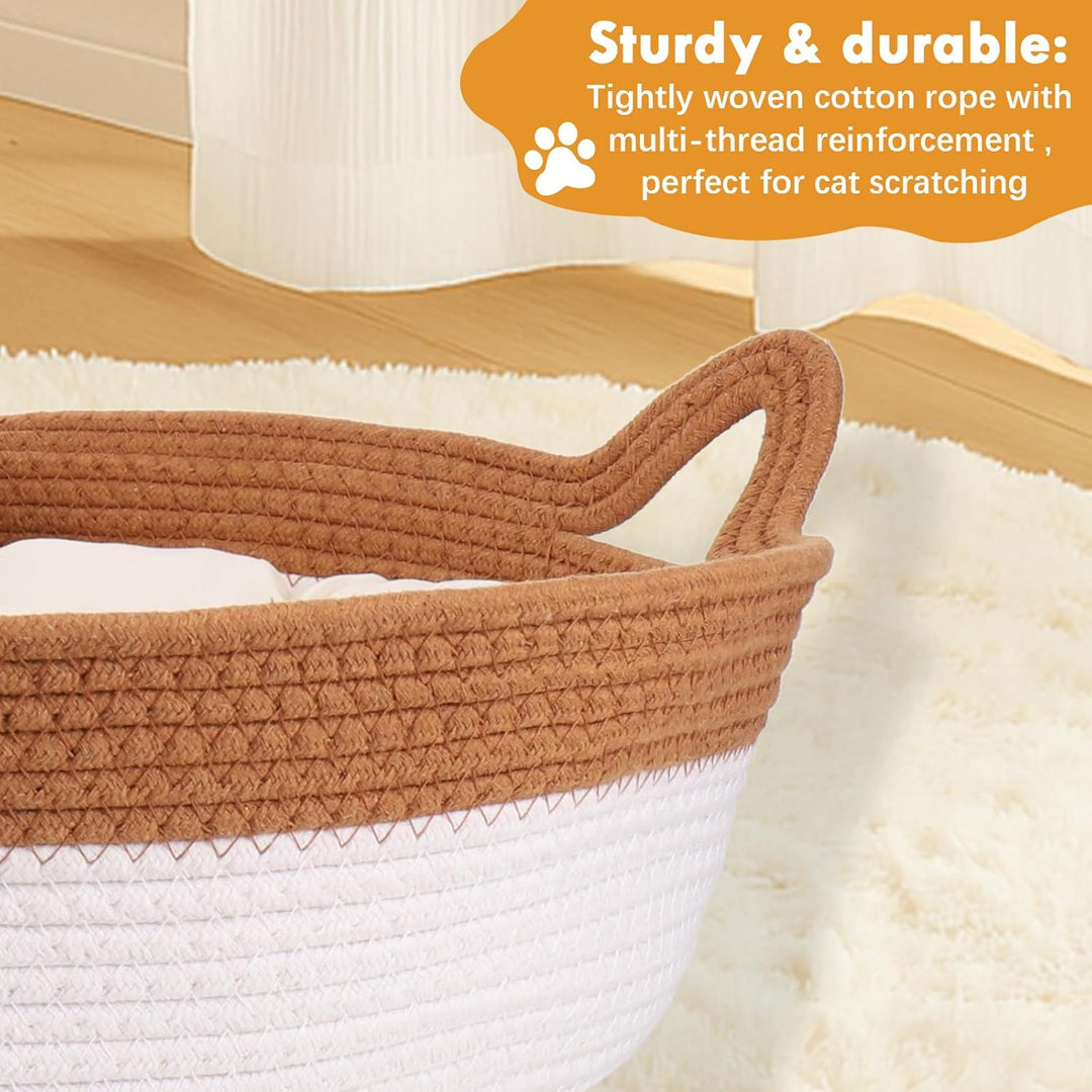 Baumwollseil Katzenbett mit Kissen, 46x46x16 cm Gross Katzenbett, Katzenkörbchen Rund Waschbar mit B