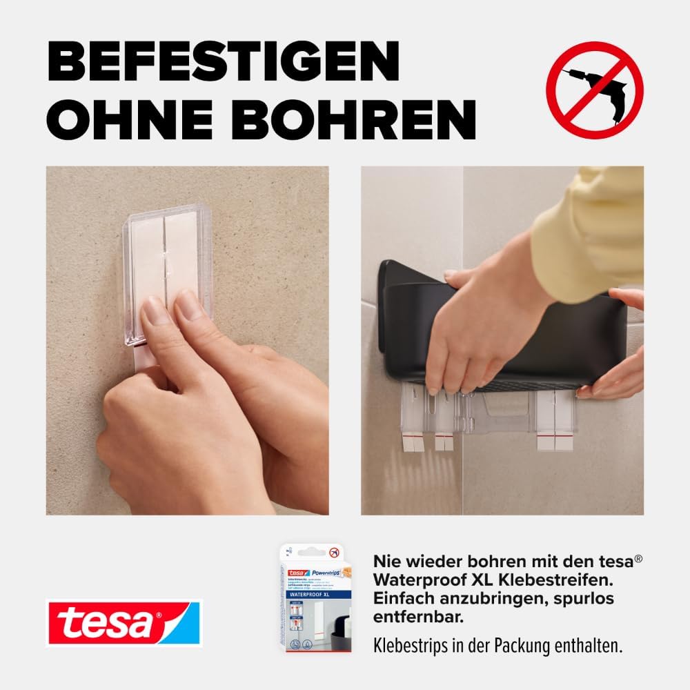 tesa Lavaa Eck-Duschkorb M, schwarz matt - Duschablage zur Wandmontage ohne Bohren, inkl Powerstrips