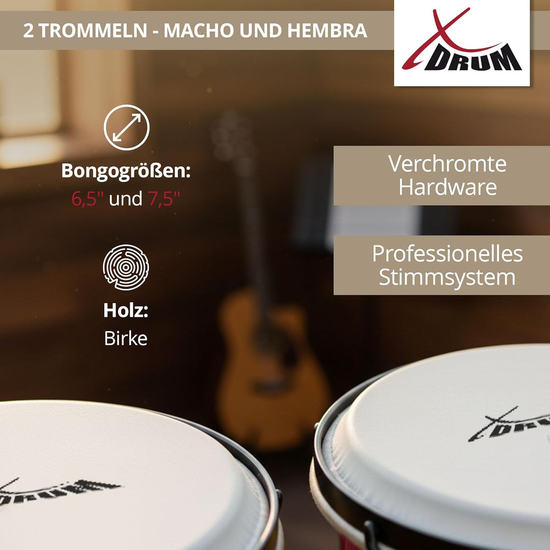 XDrum Bongos Pro Weinrot - 2 Trommeln mit 6,5" (17 cm) und 7,5" (20 cm) Durchmesser - Bongotrommeln
