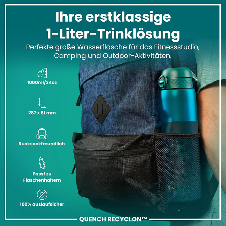 ion8 1 Liter Trinkflasche, 1000ml, Auslaufsicher, Einhandöffnung, Sichere Verriegelung, Spülmaschine