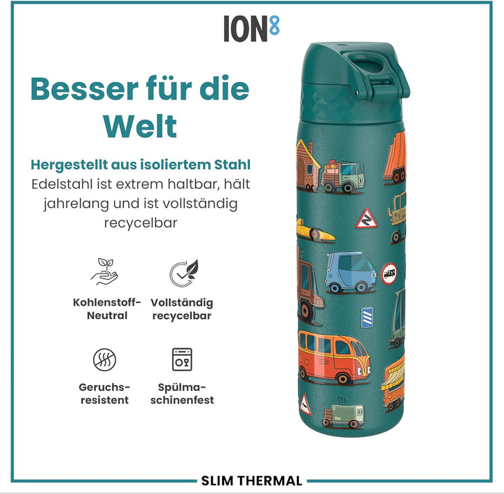 ion8 Vakuumisolierte Edelstahl-Trinkflasche, 500 ml, Auslaufsicher, Einhandöffnung, Sichere Verriege