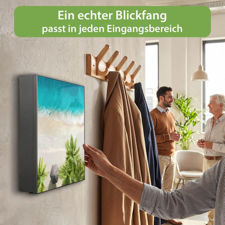 banjado® Grosser Schlüsselkasten Glas/Schlüsselbox 30cm x 30cm mit 50 Haken - Motiv Strandtag/Schlüs