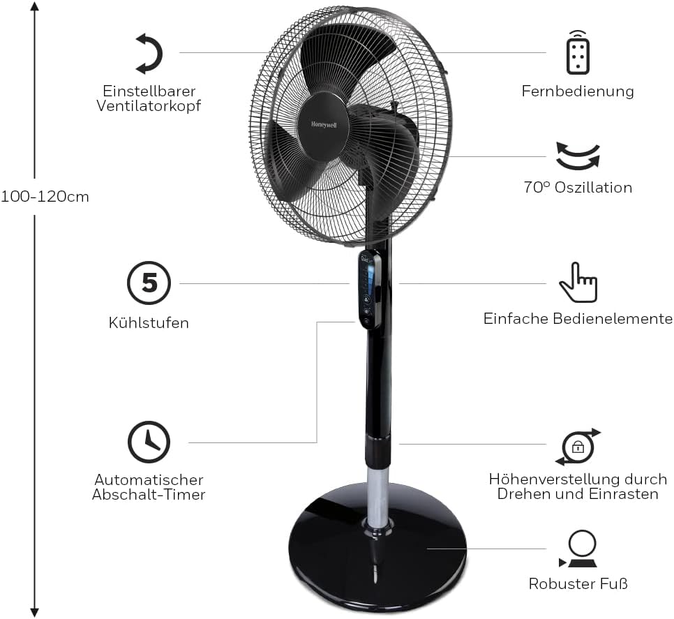 Honeywell Advanced QuietSet Oszillierender Standventilator (5 Geschwindigkeitseinstellungen, Timer-F