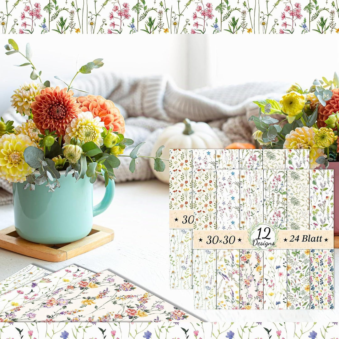 CC HOME 24 Blatt Florales Muster Scrapbook Papier, 12 Designs Doppelseitige Dekorpapier, 12x12Inch C