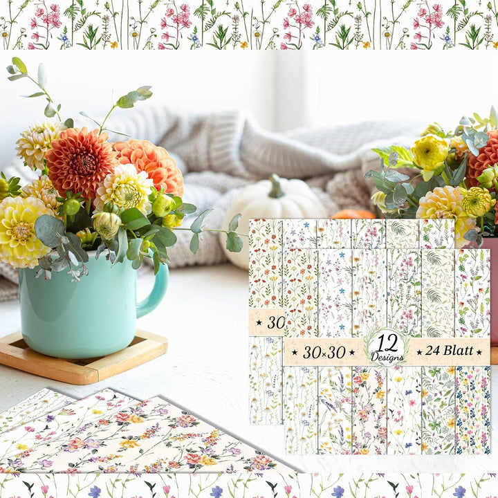 CC HOME 24 Blatt Florales Muster Scrapbook Papier, 12 Designs Doppelseitige Dekorpapier, 12x12Inch C