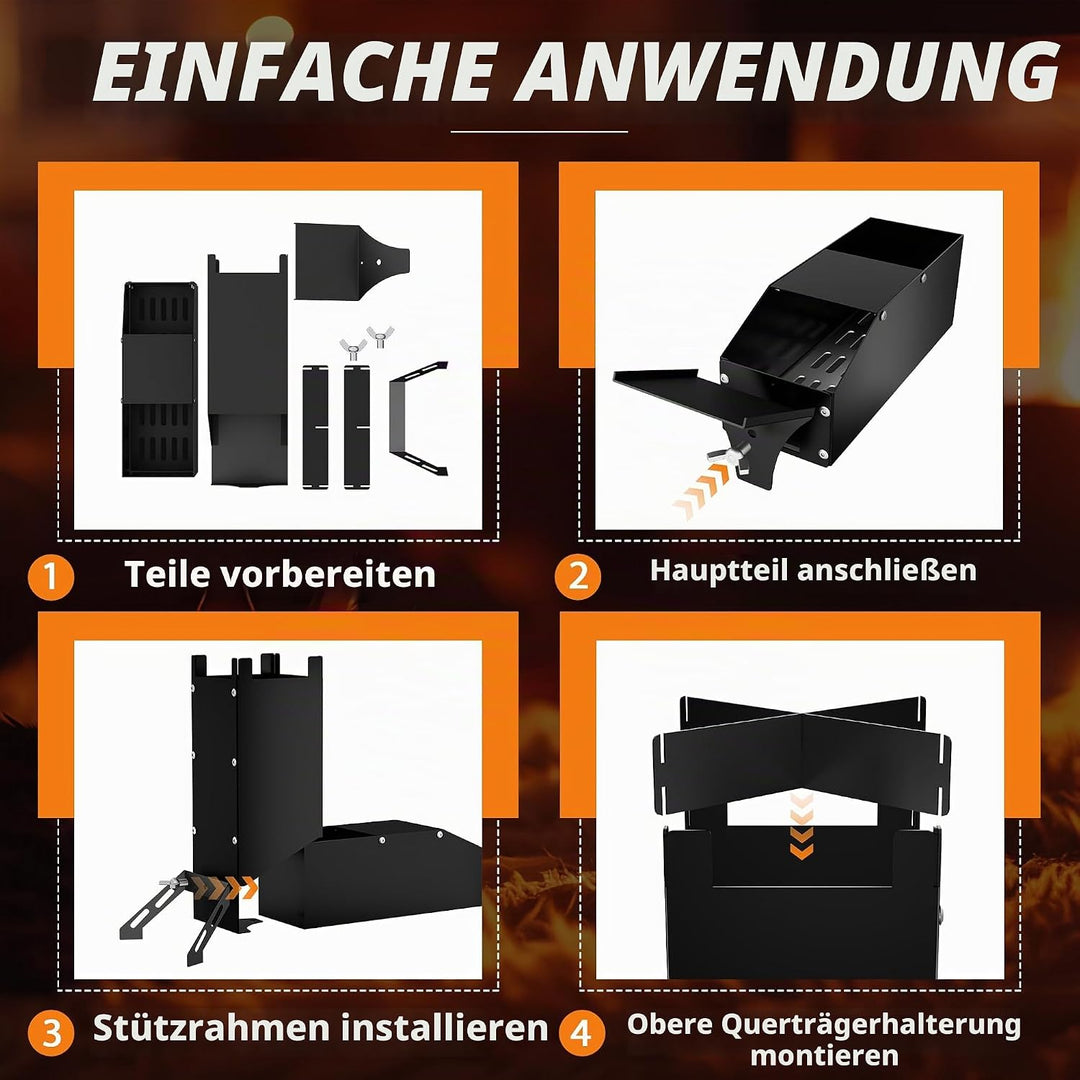 UISEBRT Raketenofen aus dickem Stahl,Tragbar Rocket Stove Stecksystem,Holzofen Campingkocher Camping