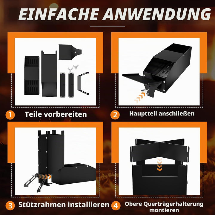 UISEBRT Raketenofen aus dickem Stahl,Tragbar Rocket Stove Stecksystem,Holzofen Campingkocher Camping
