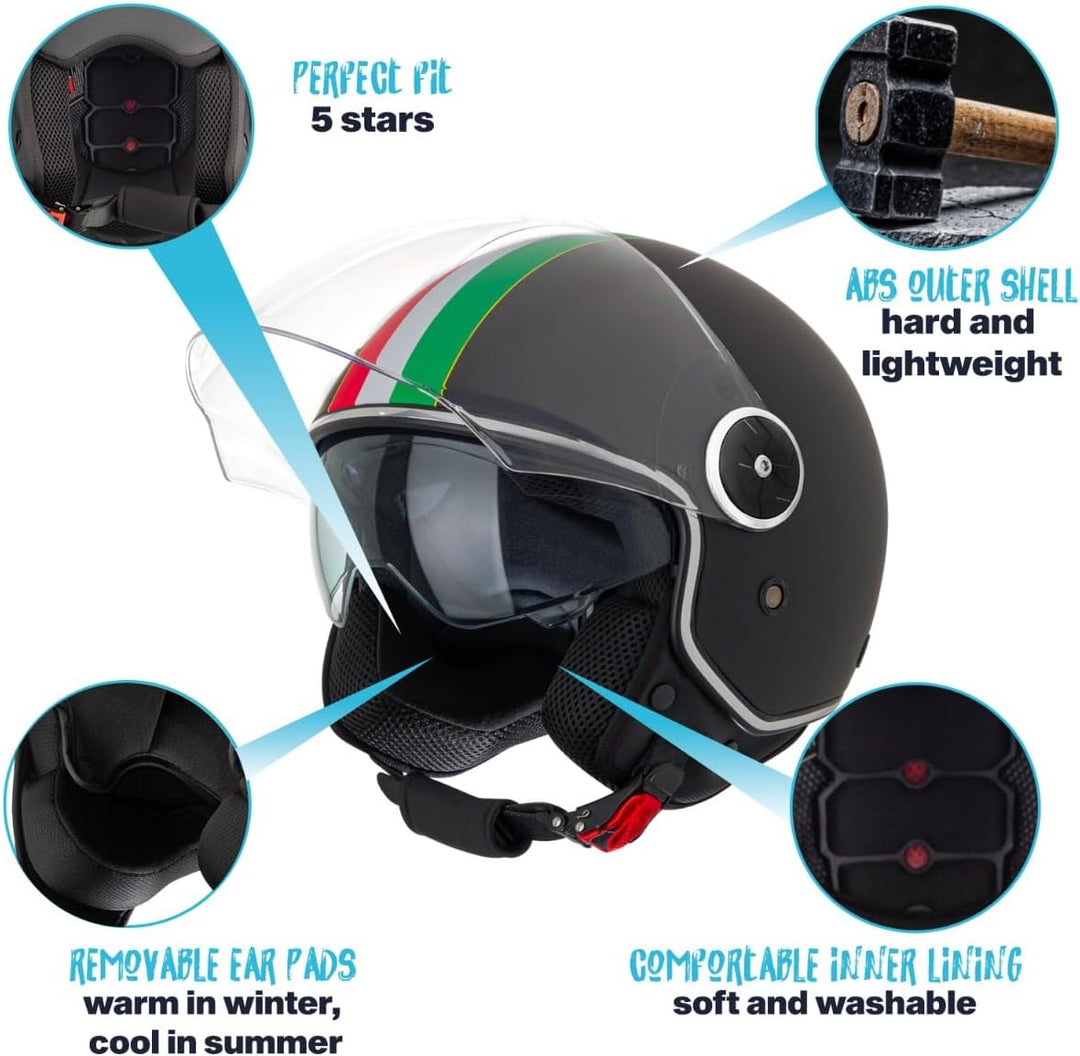 VINZ Neiva Jethelm mit Doppelvisier | Roller Helm mit Italienische Flagge & mit Sonnenblende | In Gr