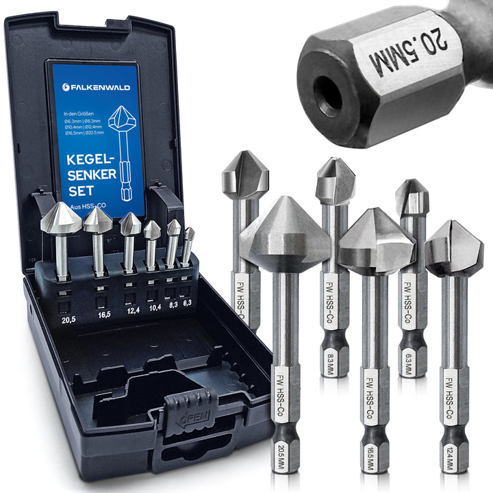 Falkenwald Kegelsenker Set aus HSS-CO Stahl [6-teilig inkl. Aufbewahrungsbox] - Senkbohrer Holz Ø 6,