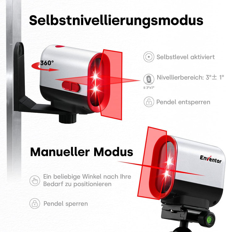 ENVENTOR Kreuzlinienlaser Roter, Selbstnivellierend Linienlaser 35M ± 0,3 mm/m, Dual-Lasermodul, IP5