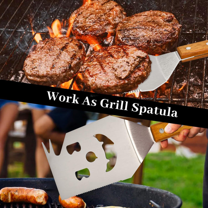 BBQ Grillwerkzeug-Set, 17 Zoll Edelstahl-Wender mit Flaschenöffner, Holzgriff BBQ-Zubehör für das Gr