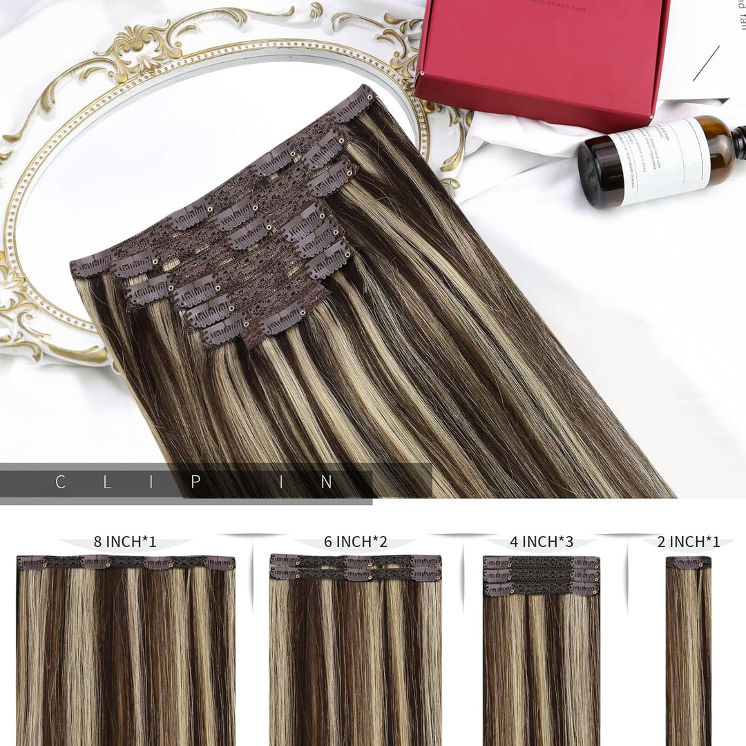 Moresoo Clip in Extensions Echthaar Braun mit Blond Haarverlängerung Echthaar Clip Dunkelbraun Haare