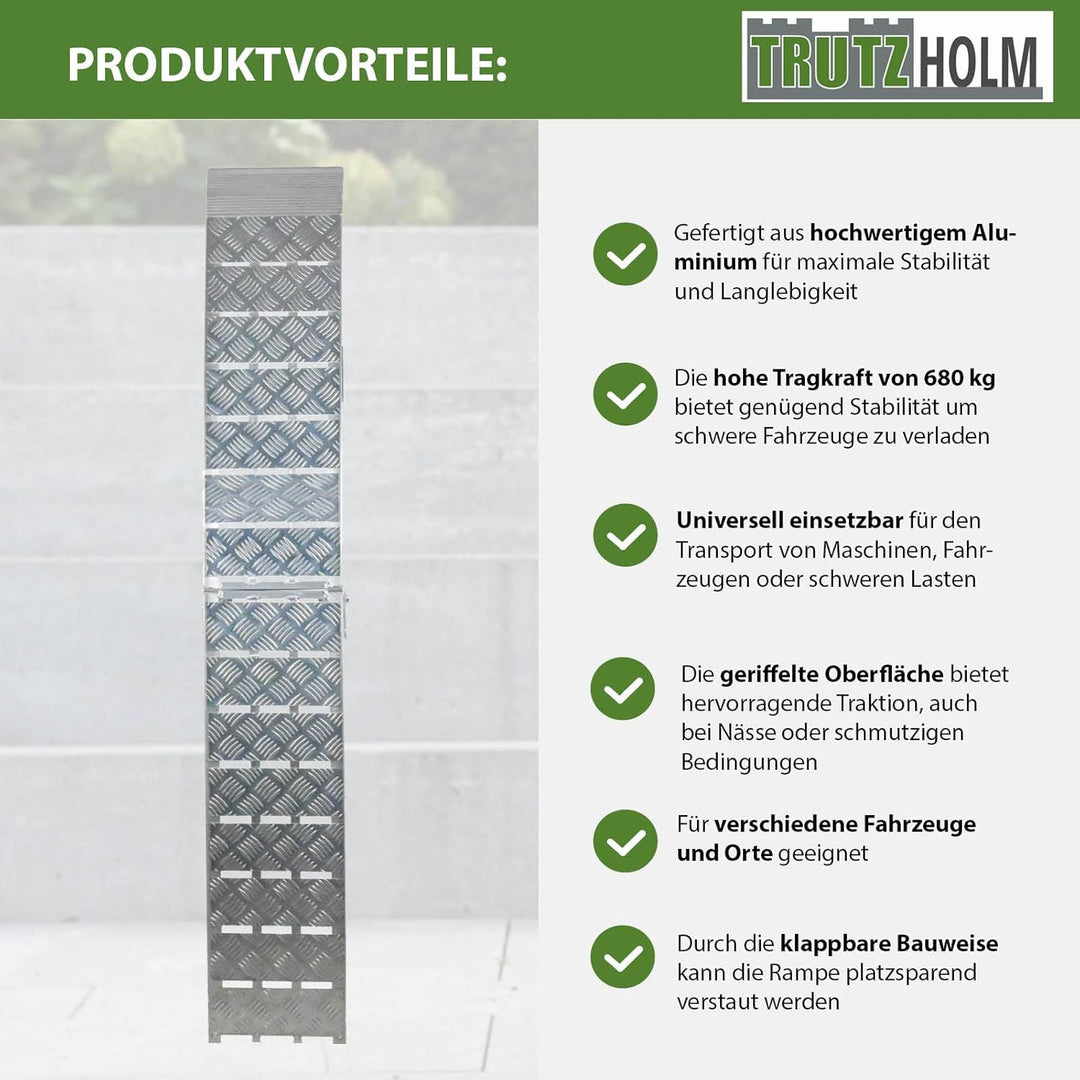 TRUTZHOLM 1 x Auffahrrampe klappbar 226 cm Traglast 680 kg Alu grau Motorradrampe Verladerampe Land