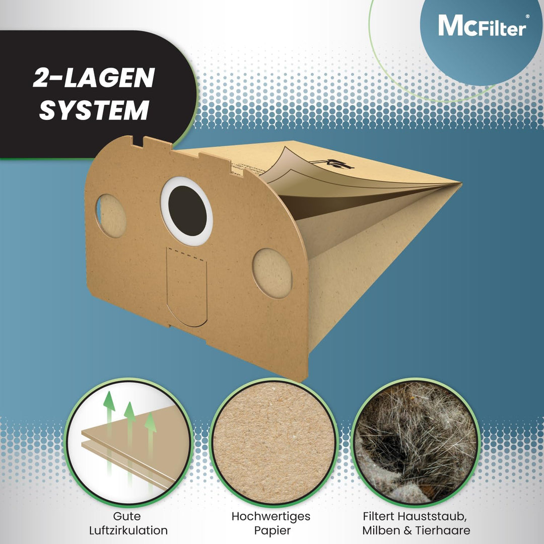 McFilter | 10 Staubsaugerbeutel + Aktivfiltersystem + Aktivkohlefilter geeignet für Vorwerk Tiger 25