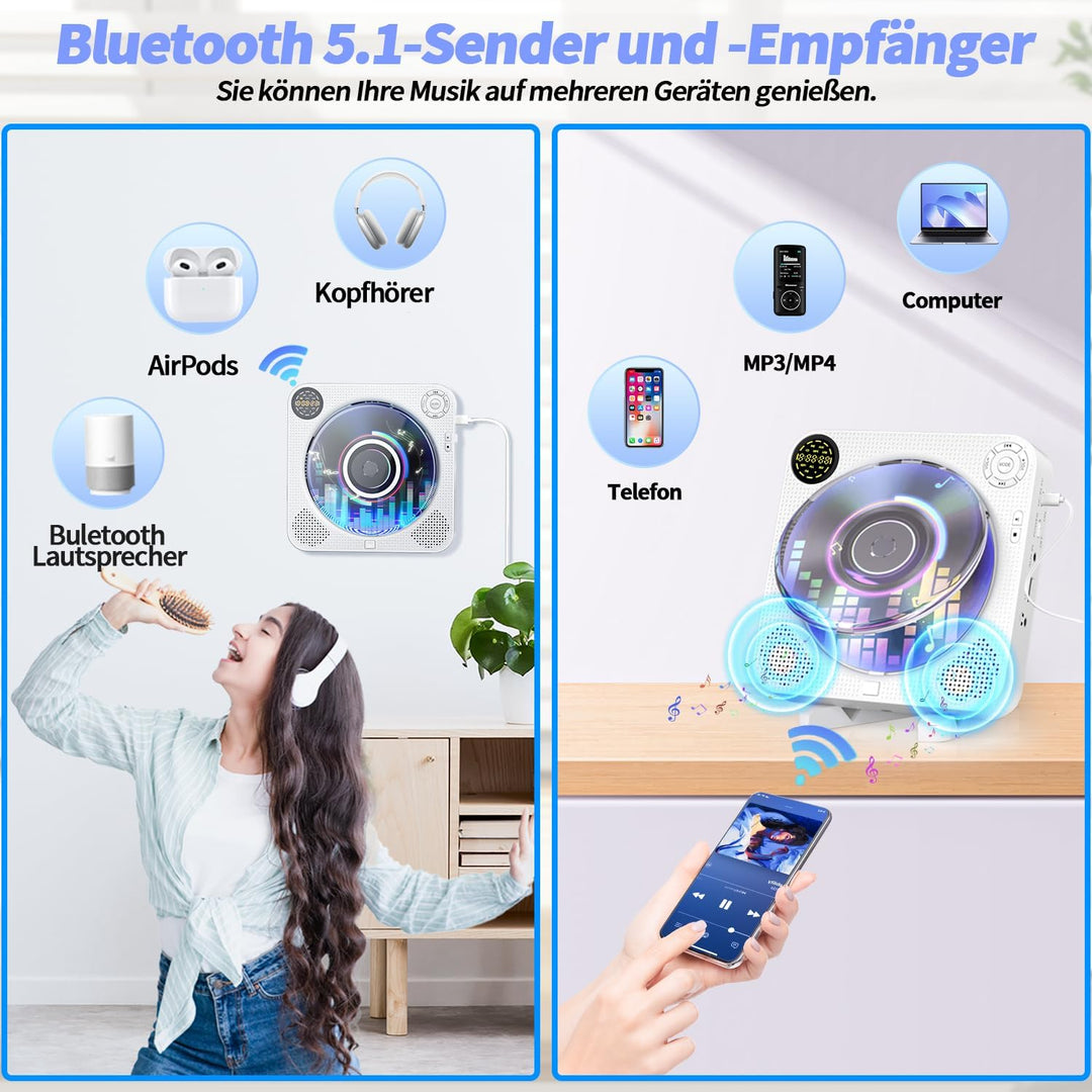 DESOBRY Tragbarer CD Player mit Bluetooth, Kleiner CD-Player für die Wandmontage mit Lautsprechern,