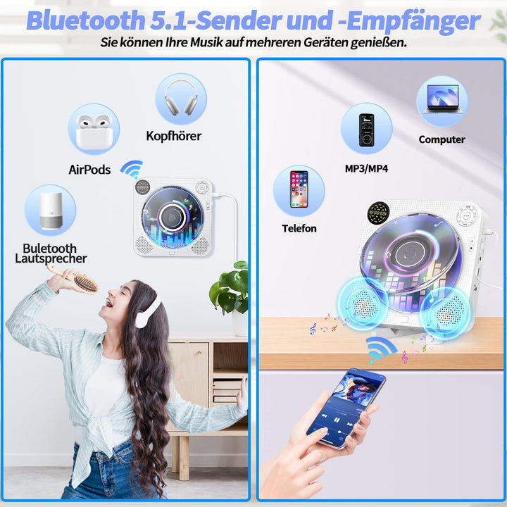 DESOBRY Tragbarer CD Player mit Bluetooth, Kleiner CD-Player für die Wandmontage mit Lautsprechern,