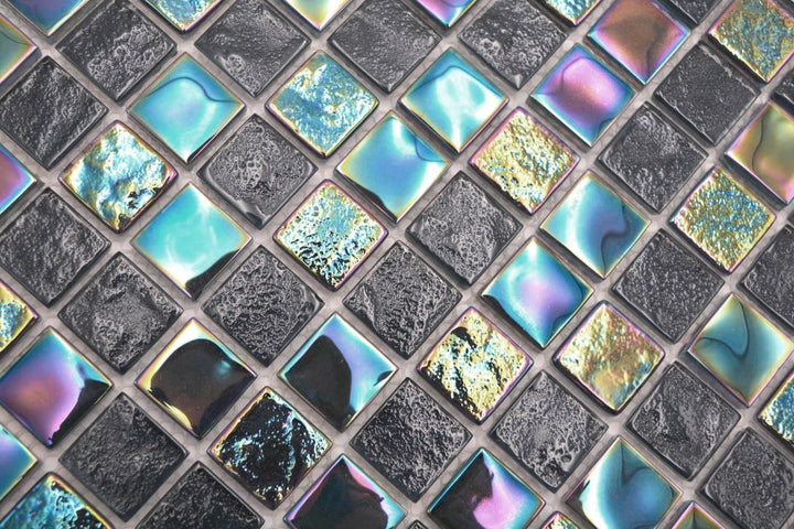 Mosaikfliese Glasmosaik small flip flop irisierend schwarz saphirblau mehrfarbig Küchenrückwand Dusc