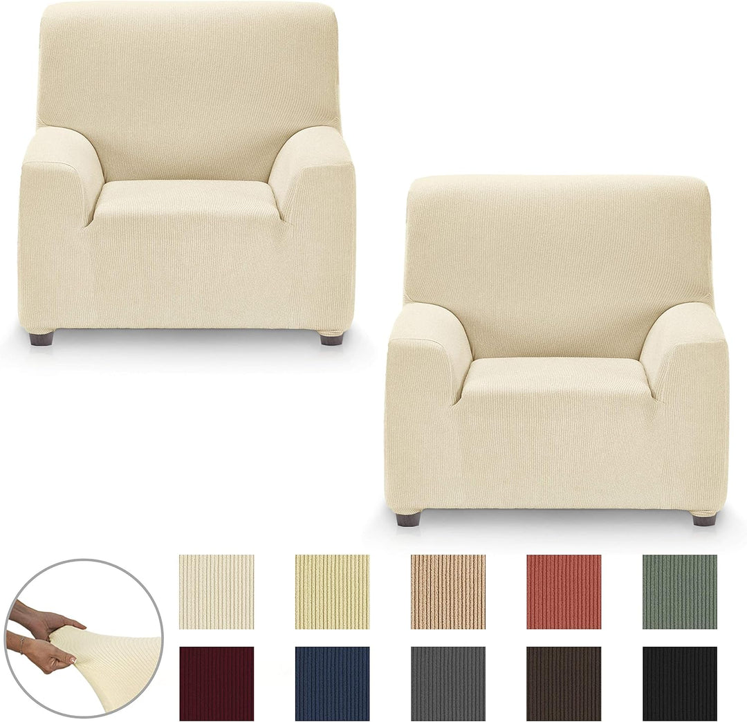 Eiffel Textile Sofabezug, elastisch, anpassbar, Rustikal, 2 Sessel, 50% Polyester, Elfenbein, 1 + 1