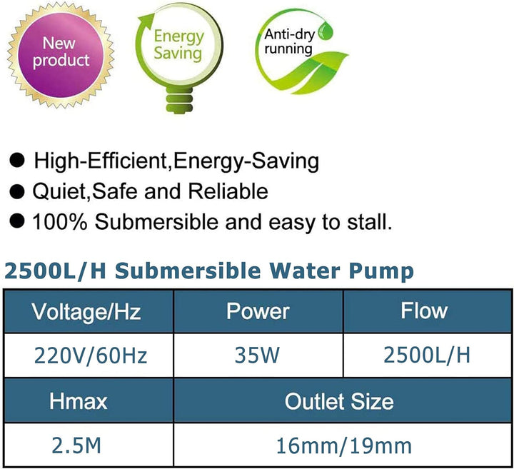 LNIDEAS Aquarium Tauchpumpe, 2500L/H 35W Aquariumpumpe,Sehr Leise Wasserpumpe mit einstellbarem Scha