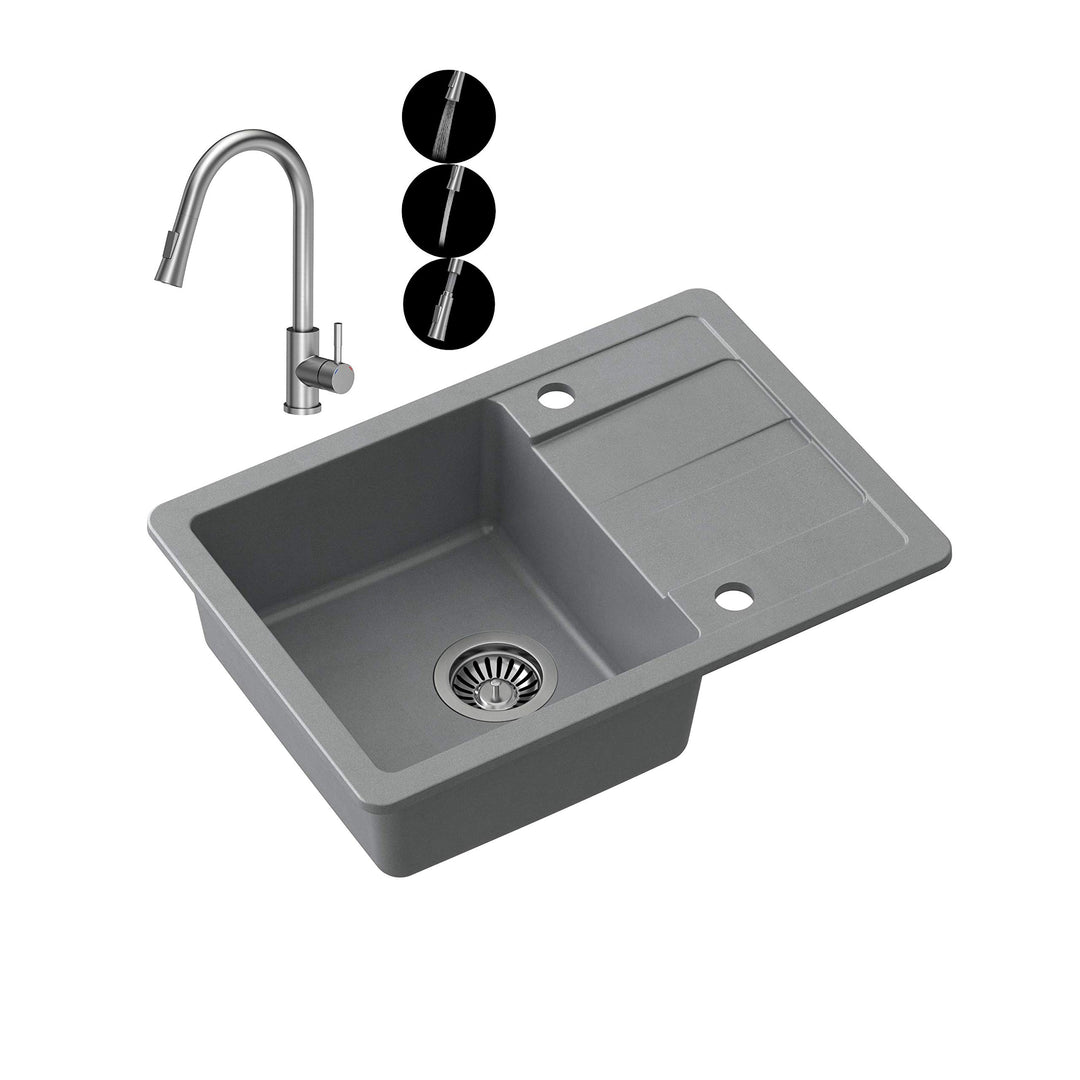 VBChome Spülbecken mit Armatur 62 x 44 cm Grau Einbauspüle mit Armatur Granit Einbauspüle mit Armatu