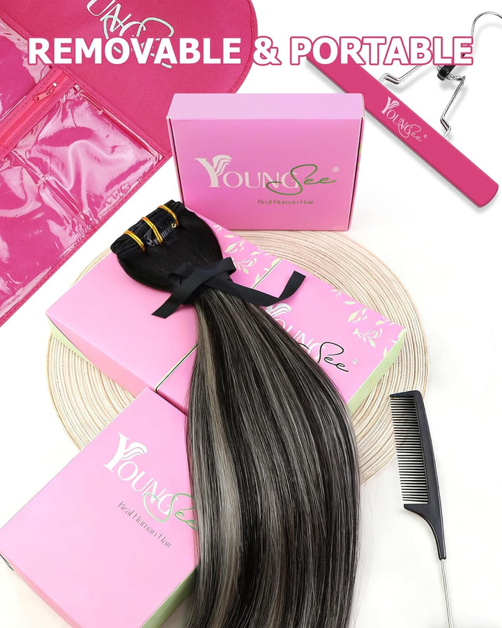 YoungSee Echthaar Extensions Clip Ombre Schwarz 7 Stück 30cm Clip in Extensions Echthaar Schwarz Bal