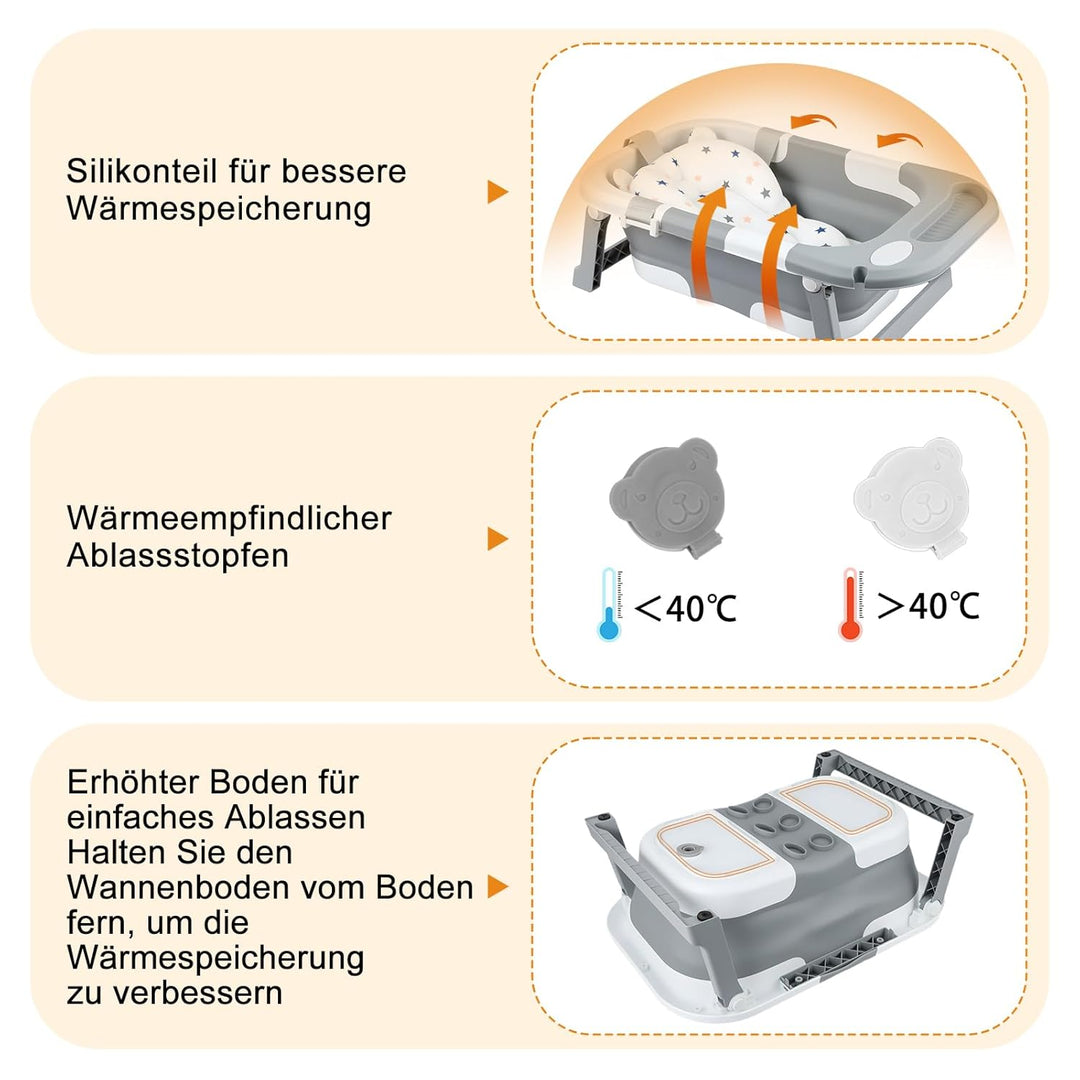Faltbare Babybadewanne mit Sitz – tragbare Babywanne mit Wärmesensor-Ablauf, rutschfest & platzspare