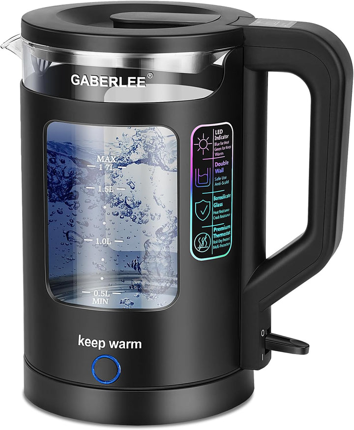 GABERLEE Wasserkocher Glas, 1,7 Liter Elektrischer Wasserkocher mit Warmhaltefunktion, LED-Beleuchtu