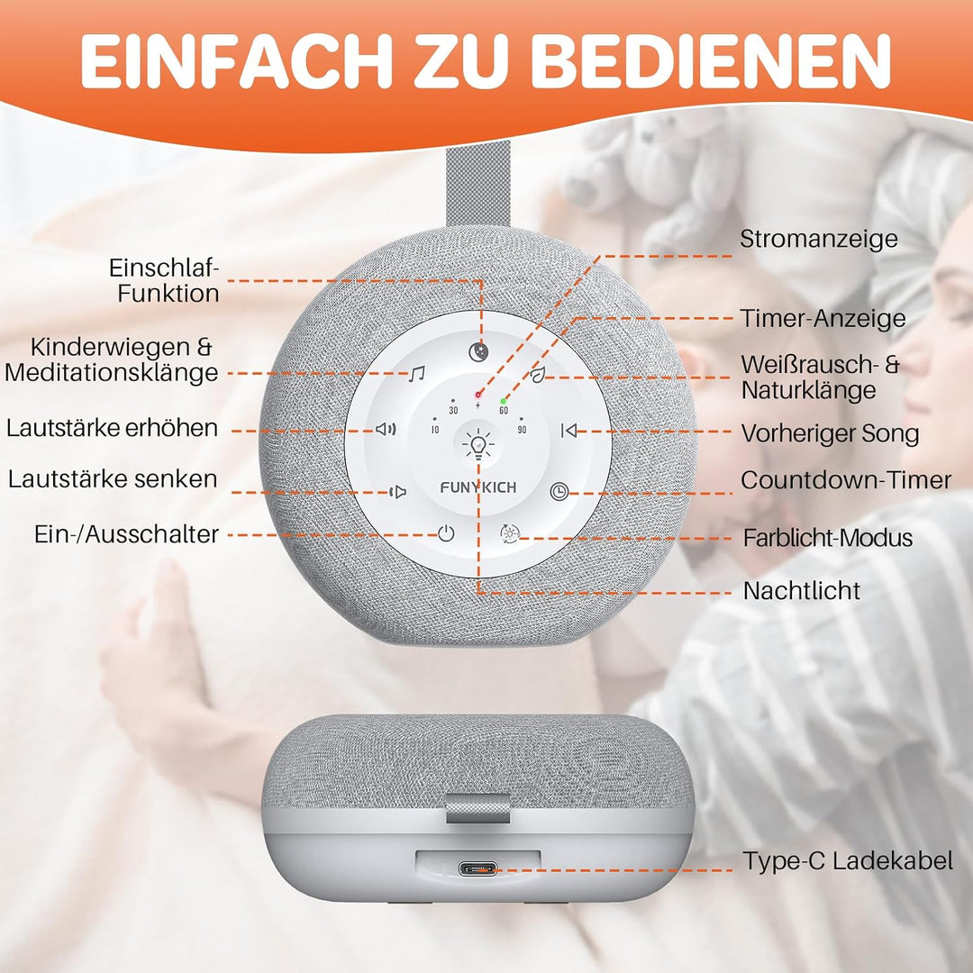 FUNYKICH White Noise Machine Baby, Weisses Rauschen Gerät mit Wireless Lautsprecher, 30 Klänge, 7 Bu