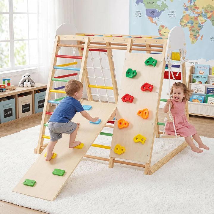 COSTWAY 8 in 1 Indoor Klettergerüst aus Holz für Kinder ab 3 Jahren (Bunt) | Klappbares Kletterspiel