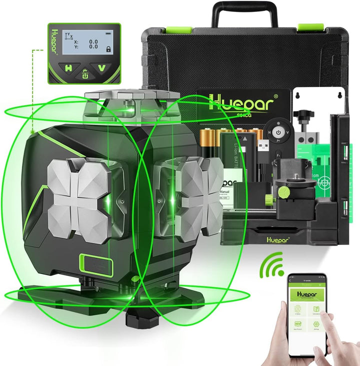 Huepar 16 Linien-selbstnivellierendes Laserniveau 4 x 360 ° mit LCD-Bildschirm, 4D Bluetooth Grüner