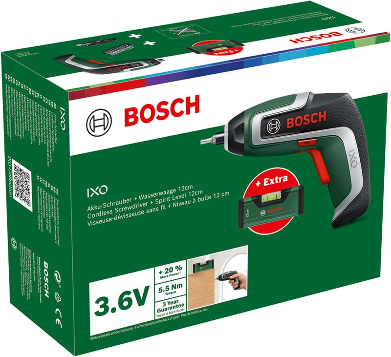 Bosch Akkuschrauber IXO Wasserwaagen-Set (7. Generation; 3,6V; 2,0Ah; 5,5Nm; Set inkl. Mini-Wasserwa